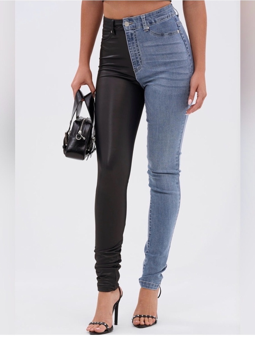 AKIRA Two-Tone Black Faux Leather & Blue Denim Skinny Jeans